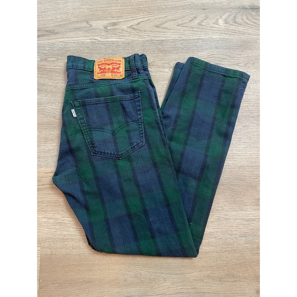 Levi's 502 Mens Regular Taper Plaid Pants Green Blue Tartan Size W32 L32 White T
